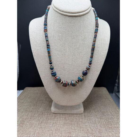 Sterling Silver Santo Domingo Pueblo Mosaic Heishi Necklace – Multicolor Artisan - Picture 3 of 11